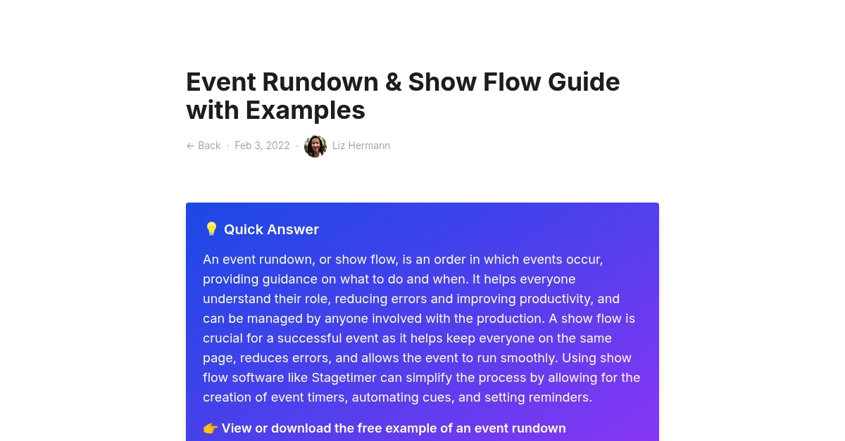 Event Rundown & Show Flow Guide with Examples | stagetimer.io