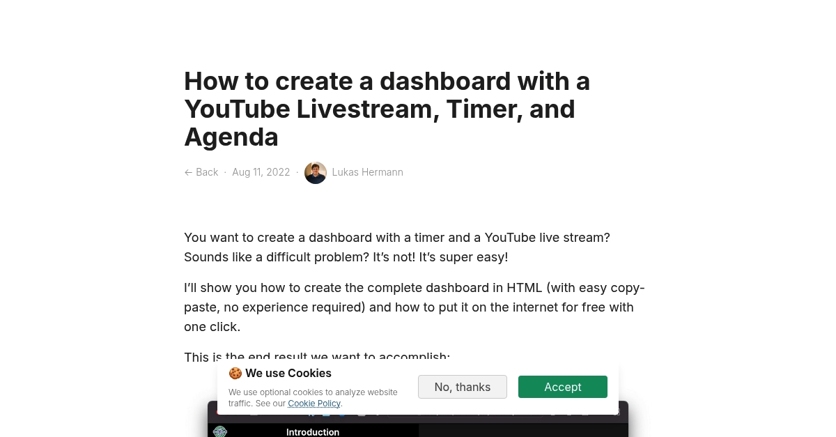 How to create a dashboard with a YouTube Livestream, Timer, and Agenda